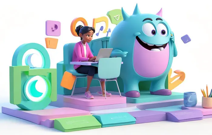 Happy Girl Using the Laptop 3D Character Illustration